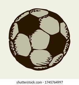 Classic Fun Kickball Sphere On Light Field Backdrop Text Space. Freehand Outline Dark Ink Hand Drawn Picture Emblem Design Sketchy In Art Retro Doodle Engrave Print Style Pen On Paper. View Close Up