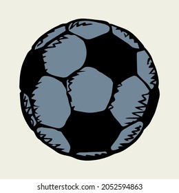 Classic Fun Kickball Sphere On Light Field Backdrop Text Space. Freehand Outline Dark Ink Hand Drawn Picture Emblem Design Sketchy In Art Retro Doodle Engrave Print Style Pen On Paper. View Close Up