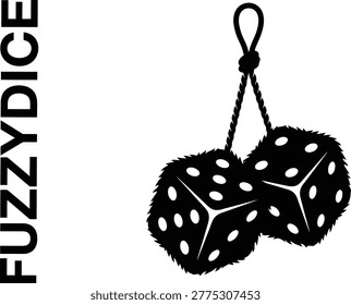 Classic fuzzy dice pair silhouette hanging by a cord a retro car interior decoration vector for automotive design and nostalgia on