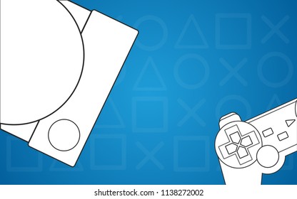 Classic Game Console with game controller set.Flat Design on blue background. Game wallpaper concept.