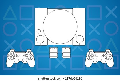 Classic Game Console with game controller set.Flat Design on blue background. Game wallpaper concept.