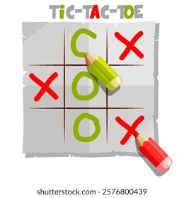 Classic Game TIC TAC TOE UI with pensils-cursor. Board game, logic game for your game development. Pencils draw crosses and noughts