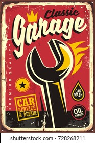 Classic garage decorative print template. Cars and transportation sign with wrench tool and fire motion trail. Vector poster.