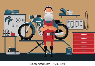 A classic garage for motorcycle repairs. Old biker master at the front. Character
vector illustration.