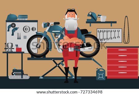 A classic garage for motorcycle repairs. Old biker master at the front. Character
vector illustration.
