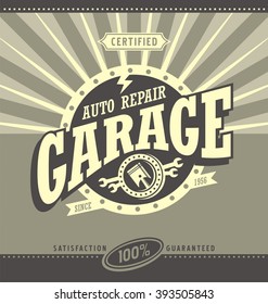 Classic garage retro banner design concept. Vintage car repair poster template. Commercial ad template for transportation business. Design elements. Auto service.