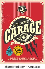 Classic Garage Retro Poster Design Vorlage. Auto Service und Reparatur Vintage Schild. Vektorgrafik für die Garagenbranche. Wartungs-Service für PKW und LKWs.