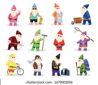 Classic garden gnomes in colorful clothes with beards and in caps are doing different things on a white background. Cute and cartoon