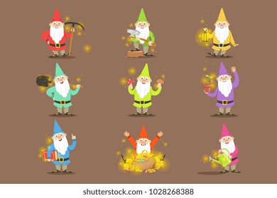 Classic Garden Gnomes In Colorful Outfits Set Of Cartoon Characters Different Situations