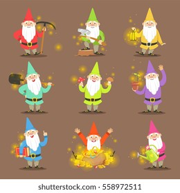 Classic Garden Gnomes in farbenfrohen Outfits Set von Cartoon-Zeichen Unterschiedliche Situationen