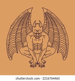 Classic Gargoyle illustration Monoline Vector Logo, Mythology vintage badge, creative emblem Design For Tshirt