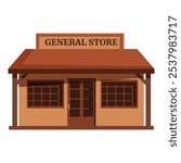 Classic general store front view with wooden porch and large windows