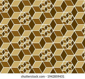 Classic geometric 3d cubes repeat pattern in brown shades and a white outline, vector illustration. Smaller mini-cubes inside the regular pattern add a further illusion effect