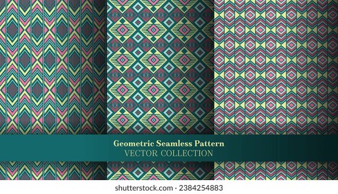 Classic geometric chevron seamless ornament set. Native american motif ethnic patterns. Chevron lozenge geometric vector repeating motif package. Cover background swatches.