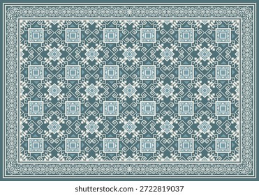 Classic geometric damask pattern with blue and cream tones, symmetrical repeating shapes, and ornate decorative border.