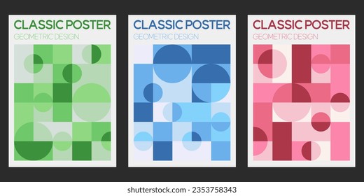 Classic Geometric Design Pattern Background. Vector Abstract circle, triangle and square lines art. Colorful Trendy Posters Set