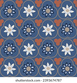 Classic geometric floral seamless pattern. Denim blue and Brown Rust colour palette. Grid or block repeat layout. For fabric, wrapping paper, packaging, DIY projects.
