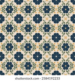 Classic Geometric Floral Tile Seamless Pattern in White and Blue