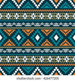 The classic geometric pattern. Ethnic and tribal motifs. Color vector illustration. Print for textiles. Blue, orange, white and yellow colors.