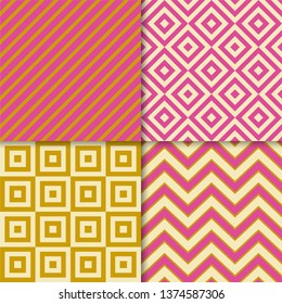 Classic geometric patterns vector set. Textile fabric prints, geometric background patterns with diagonal stripes, squares, zigzag chevron and rhombus shapes. Classic patterns design collection.