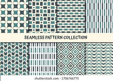 Classic Geometric Seamless Pattern Collection. Geo Design Background Set. Chevron, Dash Line, Triangles, Stars, Diamond, Square, Circle Motif Print Bundle. All Ornaments Were Added In Swatches Palette