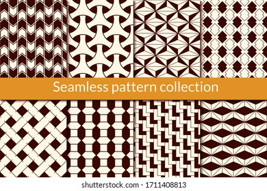 Classic geometric seamless pattern collection. Geo design background set. Triangle, arrow, zig zag, wicker, scale print kit. Grid wallpaper vector bundle. All ornaments were added in swatches palette