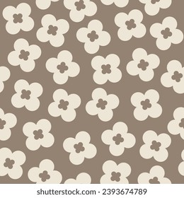 Classic geometric seamless pattern. Stonewall and White rock colours. Quatrefoils motifs are placed in a random, non-structured way. Flower shape. For fabric, wrapping paper, packaging, DIY projects.