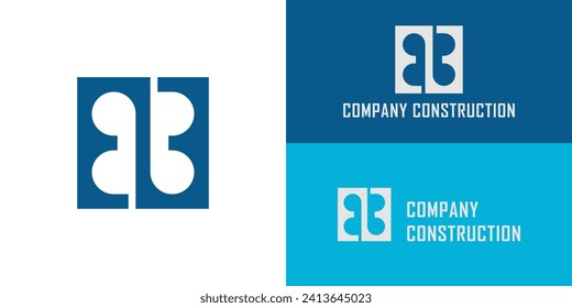 Classic geometric square E or EE logo letter design concept in blue color presented with multiple background colors. The logo is also suitable for construction companies that have the initial name EE