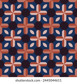 Classic geometric tiles seamless pattern design in deep brown and navy colors