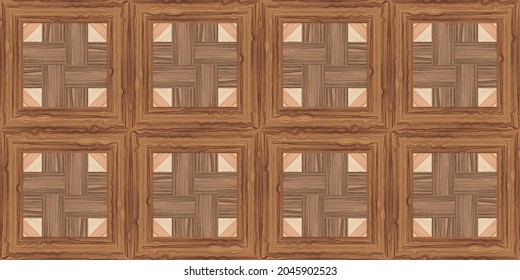 Classic geometric wooden tile pattern. Seamless classic mosaic geometric background. Realistic wooden texture. Template for your design of tile, wallpapers, parquet, fabric, interior design, flooring.