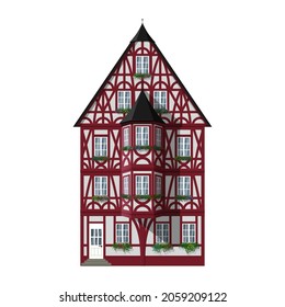 Classic German house, traditional Bavarian architecture. Half-timbered european building. Vector illustration