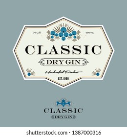 Classic gin label. Juniper berries with leaves and letters. Geometrycal label  forpackaging. 