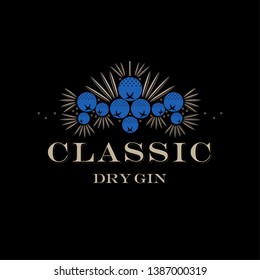 Classic gin label. Juniper berries with leaves and letters. Geometrycal label  forpackaging. 