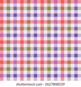 Classic gingham check pattern in vibrant hues of pink, red, blue, and olive green on a soft white backdrop