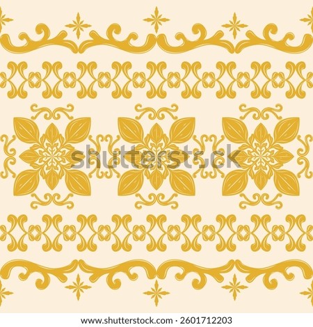 Classic Glamorous Intricate Geometric Scroll Ornament Seamless Border Pattern with Golden Silk Weaves Design on Cream Background. Luxury Lifestyle for Decoration Package Fabrics Textiles Wallpaper Rug