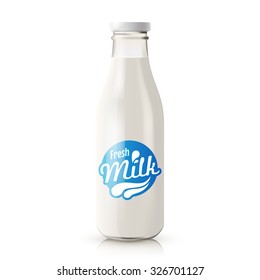 Classic Glass Milk Bottle With Blue Label Isolated On White Background Realistic Vector Illustration