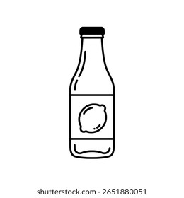 A classic glass soda bottle with a label, drawn in a clean line art style. A minimalist icon for retro beverage branding and restaurant menus.