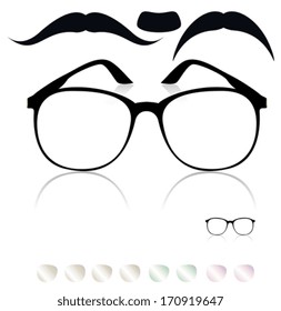 Classic glasses, mustache. Set of colored lenses