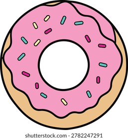 A classic glazed donut with smooth pink icing and scattered multi-colored sprinkle jimmies, minimalist pop art style black and white vector illustration