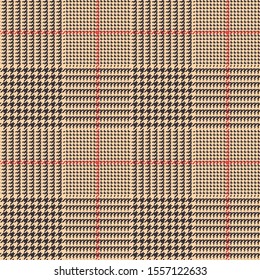 Classic glen pattern. Seamless hounds tooth tartan check plaid in dark brown, bright coral, and beige for jacket, coat, skirt, trousers, or other modern autumn and winter tweec textile print.