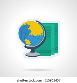 Classic globe and green books. Flat vector icon. Symbol for geography or travel agency. Elements for web design and business