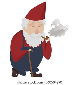 Classic gnome with a walking stick smoking a pipe