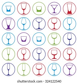 Classic goblets collection, vector martini, wineglass, cognac and whiskey. Alcohol theme illustrations. Lifestyle graphic design elements, set of simple glasses.