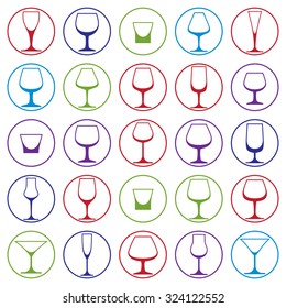 Classic goblets collection, vector martini, wineglass, cognac and whiskey. Alcohol theme illustrations. Lifestyle graphic design elements, set of simple glasses.