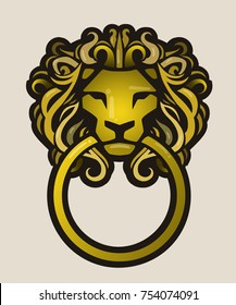 Classic gold door knocker. Lion head with ring, isolated on beige background. Vector illustration.