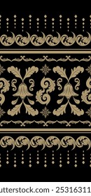 Classic Gold Embroidery Seamless Pattern Vector. Leaf and Feathers Ornament inspired by Nature. Exotic Starry Gold in Black. The Rich Ornament Grandiose Design, Hand Draw, Royal, Haute Couture, High.