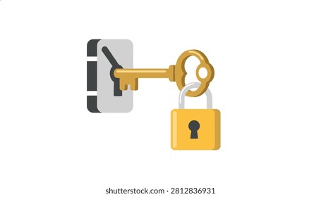 Classic gold key inserted into a grey handle mechanism combined with a locked yellow padlock representing home security.