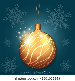 A classic gold ornament with white striped embellishments set on a blue holiday backdrop.