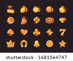 Classic gold slot machine symbol collection on dark background. Casino flat icons