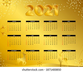 Classic golden Calendar layout of 2021, New year, set of 12 months, week start from Sunday, calendar template for website and business, vector illustration.